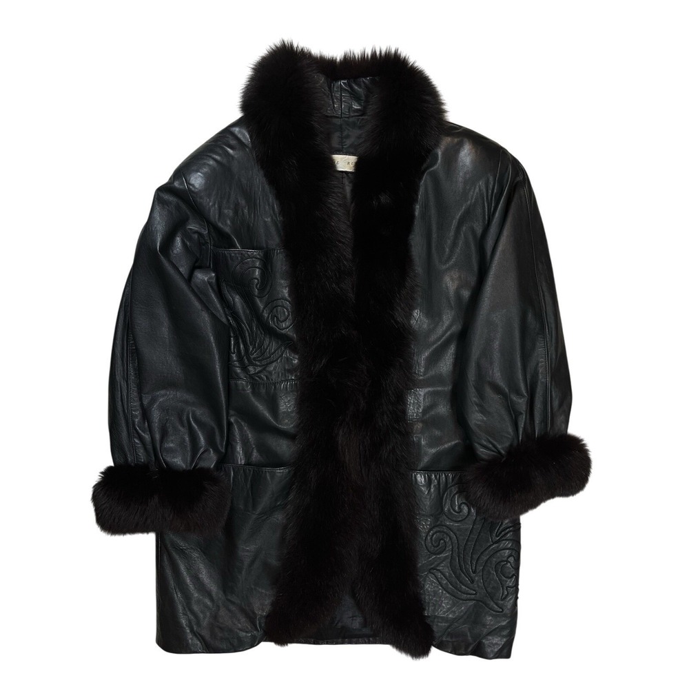 Vintage‎ Lillie Rubin Black Leather Jacket Sz Large Fur Collar Cuffs Embroidered
